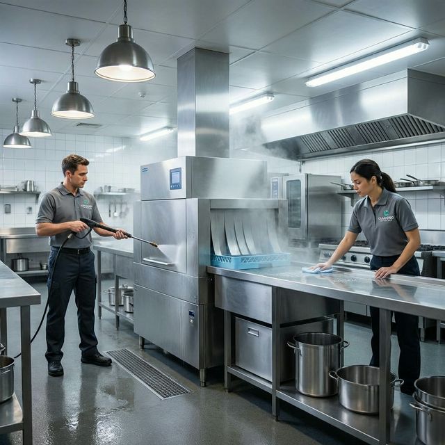 Cleaners working on dishwasher