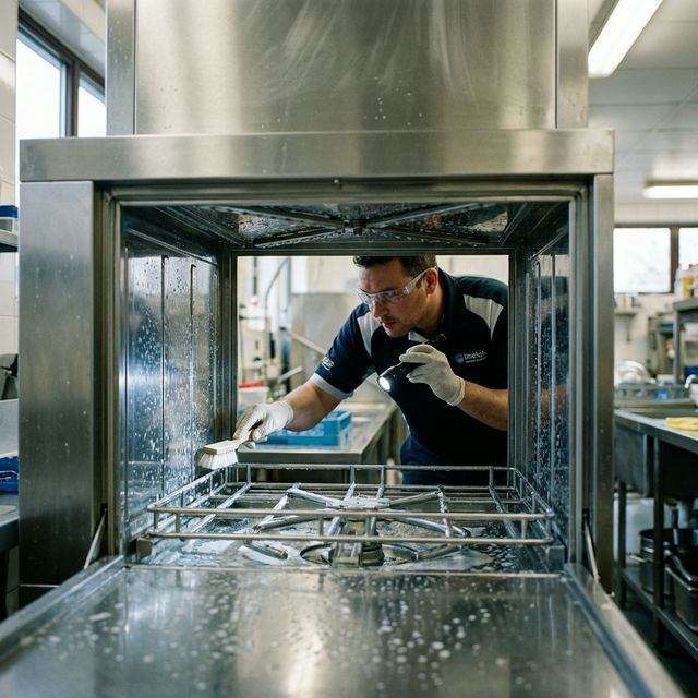 Cleaner inspecting dishwasher